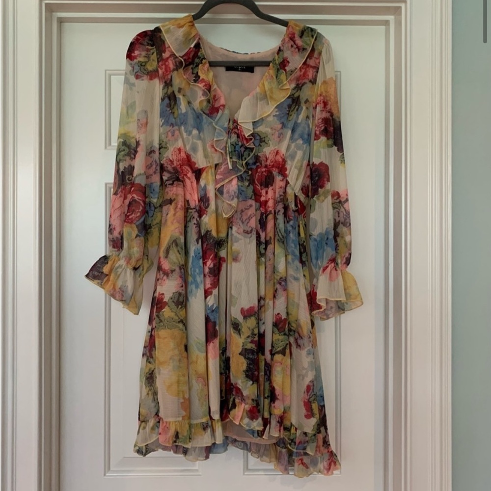 O.P.T Women's Floral Print V-Neck Ruffles Mini Dress Multi Size XS